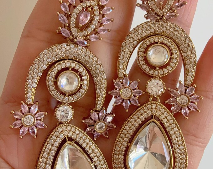 Sabyasachi-Inspired Moissanite kundan baby pink Earrings/Elegant Statement Jewelry/Gold Finish Moissanite  Earrings/Bridal Diamond earrings
