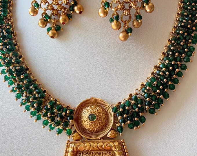 Green Gold plated  Necklace /Indian Choker /Guttapusalu necklace /Temple jewelry/South Indian jewelry/Indian Wedding jewelry