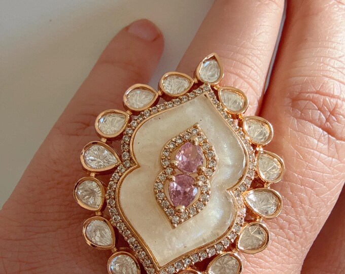 Bridal Kundan Moissanite  baby pink diamond Ring/Moissanite Mother of Pearl Gold Ring/Finger Kundan Statement Ring /Indian Wedding jewelry/