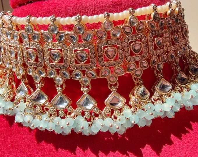 Antique Polki Kundan SKy blue choker Set/Kundan Choker/bridal necklace/Indian wedding jewelry/Bridal necklace set/Light blue choker