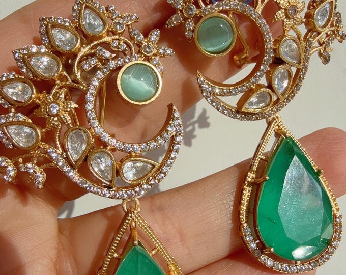 Sabyasachi-Inspired Moissanite Mint light dark combo  Earrings/Elegant Statement Jewelry/Moissanite Earrings/Bridal Diamond earrings