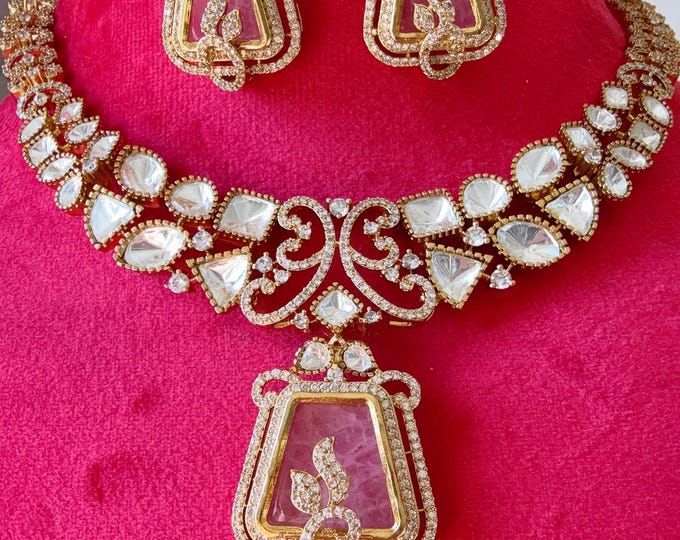 Moissanite kundan Pink necklace set with jhumka earrings/Diamond  Moissanite set / /Indian Wedding jewelry/Moissanite set