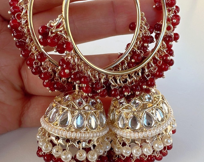 Burgundy  Bali hoops Earrings/ Punjabi Bali Hoops /Indian Earrings/ Indian Wedding Sangeet Jewelry / Kundan Jhumka /Bridesmaid Jewelry