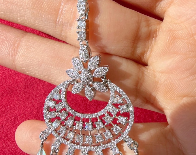 Diamond Rhodium silver Mint  Maang tikka/ Indian Wedding Jewelry/ Matha patti/ Indian forehead jewelry Diamond Tikka Indian Jewelry