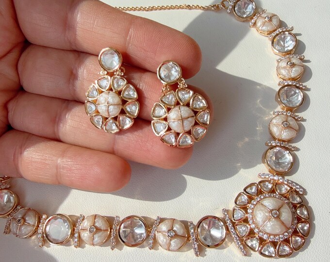 Sabyasachi-Inspired Mother of pearl Moissanite necklace Set/Kundan Stone long Necklace/ Indian Bridal Jewelry