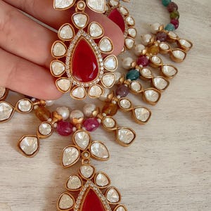 Multi Navratan doublet Ruby  Necklace/Uncut Polki Diamond Moissanite Polki Necklace Sabyasachi inspired Navratan  Jewelry Set/