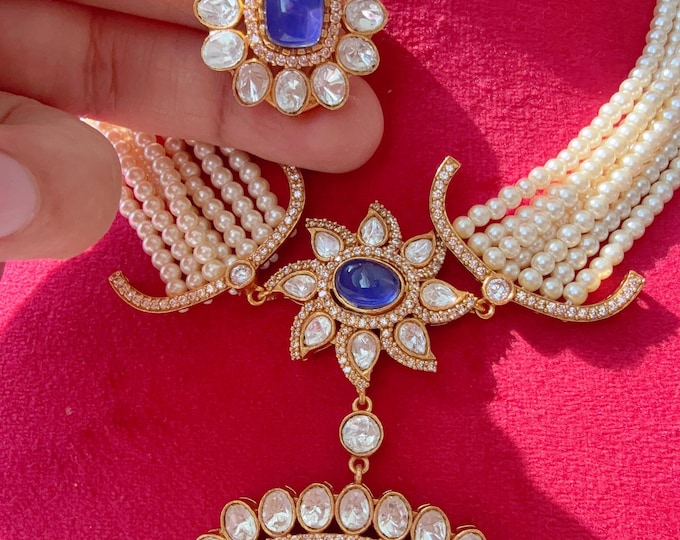 Sapphire blue  Doublet Moissanite Pearl necklace set/ Kundan  choker/ Moissanite  Necklace Set/Blue diamond Doublet Pearl Elegance together