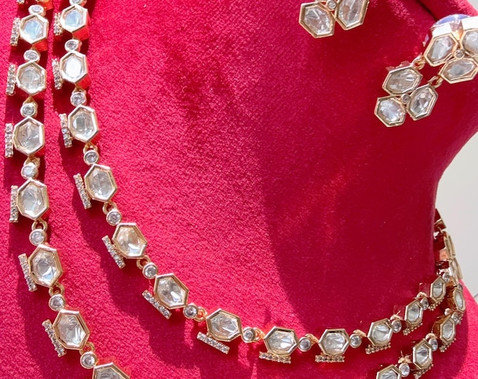 Double strand  Moissanite diamond Gold Plated necklace/Kundan Jewelry Moissanite necklace  set/diamond  Necklace /Indian Bridal Jewelry