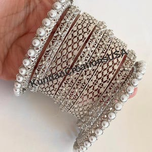 Silver  Kundan  Pearl Bangles 8 PC/Indian Bangles/ Indian jewelry/wedding jewelry/Silver  Kundan bangles/Silver Polki kundan pearl bangles