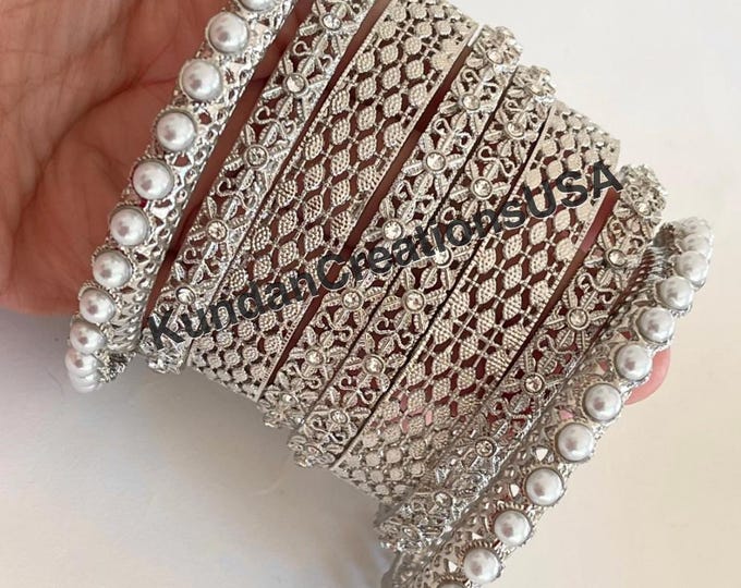 Silver  Kundan  Pearl Bangles 8 PC/Indian Bangles/ Indian jewelry/wedding jewelry/Silver  Kundan bangles/Silver Polki kundan pearl bangles