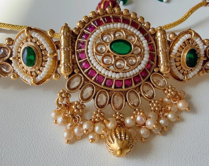 Adjustable Ruby Green Kemp  Baju bandh/Indian wedding jewelry/Vanki/  Armlet/ Indian Jewelry/Antique Kundan Baju Band/Antique Bajuband