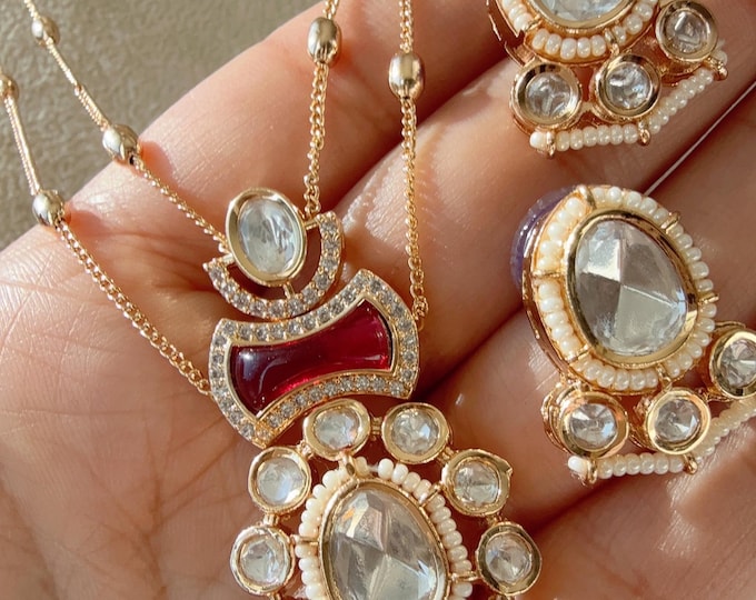 Moissanite doublet stone Ruby long chain Pendant Set/Kundan Stone long Necklace/ Indian Bridal Jewelry/Moissanite Kundan Wedding Jewelry