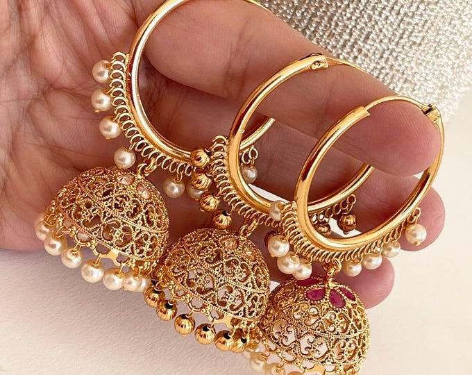 Kundan Polki gold hoops Earrings/ Punjabi Bali Hoops /Indian Earrings/ Indian Wedding Sangeet Jewelry / Kundan Jhumka //Bridesmaid Jewelry