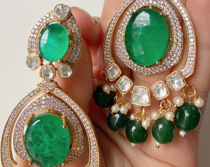 Green Emerald  Doublet Stone Moissanite kundan  Earrings/Elegant Statement Jewelry/ Moissanite Emerald Earrings/Bridal Diamond earrings