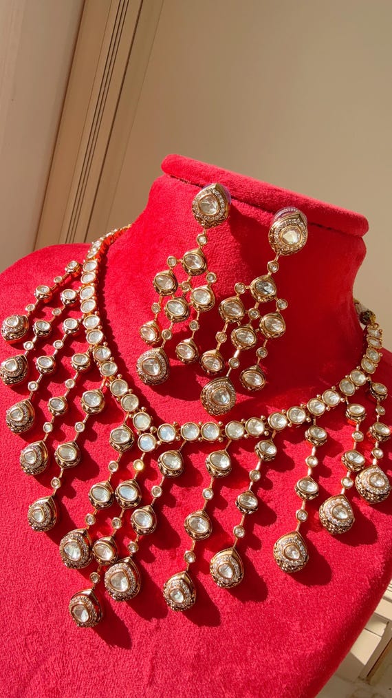 Sabyasachi inspired heavy look Moissanite necklace Set/Kundan Moissanite Necklace/ Indian Bridal Jewelry/Kundan Wedding Jewelry