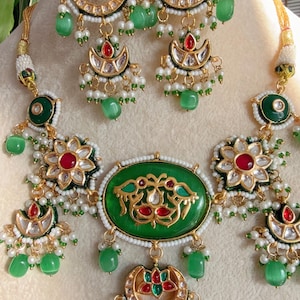 Uncut Polki Diamond Choker Moissanite Polki Necklace Sabyasachi inspired Jewelry Set/Polki Kundan Ruby Green Necklace with earrings Tikka