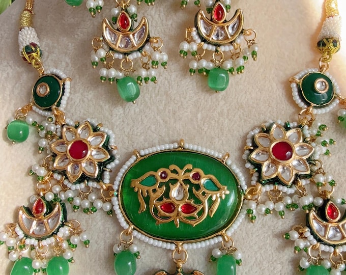 Uncut Polki Diamond Choker Moissanite Polki Necklace Sabyasachi inspired Jewelry Set/Polki Kundan Ruby Green Necklace with earrings Tikka