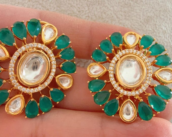 Kundan Stud Diamond Earrings /Indian Studs/Indian Jewelry/Green Studs/Statement Stud Earring/Kundan Stud Earrings