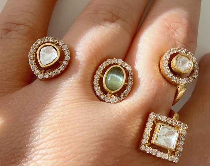 Bridal Kundan Moissanite Mint diamond Ring/Adjustable Ring/Double Finger Kundan Ring /Indian Wedding jewelry/Two Finger Kundan ring