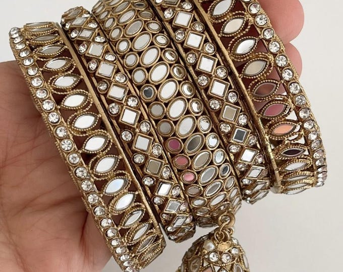 Punjabi Mirror chuda bangles set/Punjabi Mirror jhumka bangles set/Kangans/Statement bangles/Indian jewelry/wedding jewelry/
