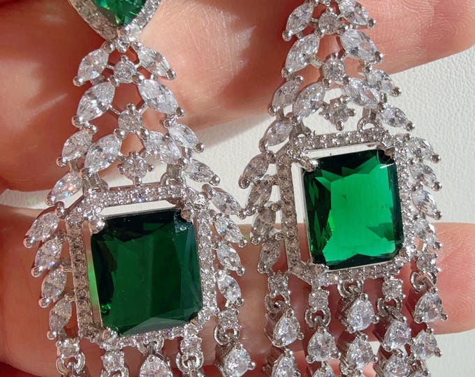 Diamond Chandelier Green  Earrings / Indian Jewelry Indian Earrings/American Diamond jhumka/CZ Earrings/Indian jhumka