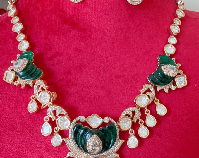 Bridal Kundan Jewelry Moissanite Emerald necklace/Bridal  diamond  Necklace  set/ Indian Bridal Jewelry/Semi bridal necklace