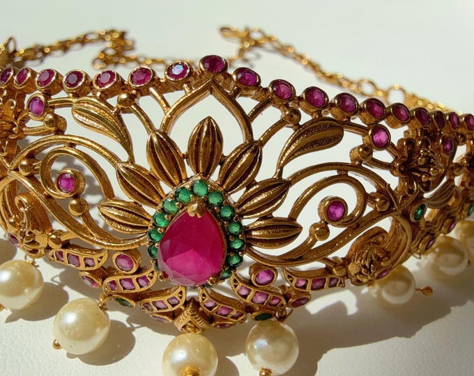 Kemp Baju bandh/Indian wedding jewelry/Vanki/  Armlet/ Indian Jewelry/Antique Kundan Ruby green  Polki Baju Band/Antique Bajuband