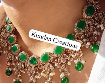 Antique Green Kundan Polki Necklace Set, Indian Bridal Jewelry Set, Wedding Statement Necklace, Pakistani Bridal Jewelry - Tara