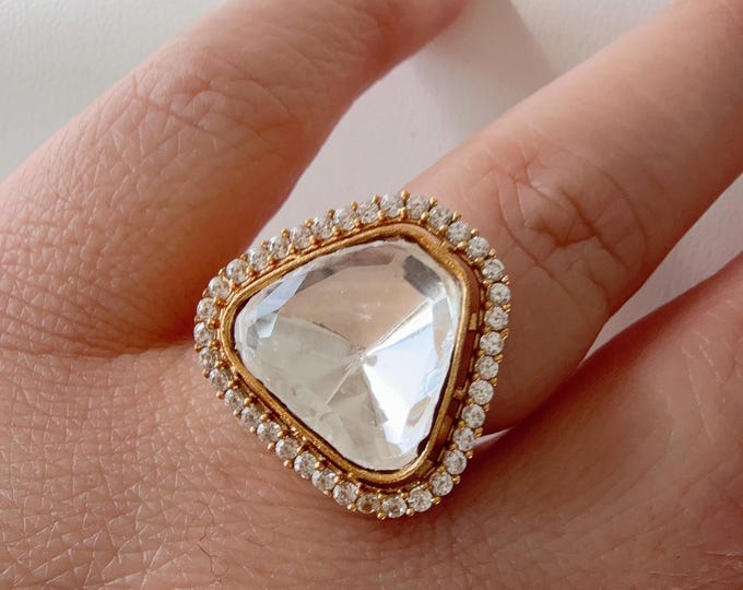 Bridal Kundan Moissanite  Ring/Adjustable Ring/Double Finger Kundan Statement Ring /Indian Wedding jewelry/Moissanite Kundan ring
