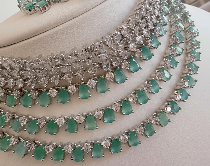 5 Layers Mint CZ diamond bridal choker necklace /Indian jewelry/ CZ bridal necklace/ diamond jhumka choker/Mint Silver CZ Diamond necklace/