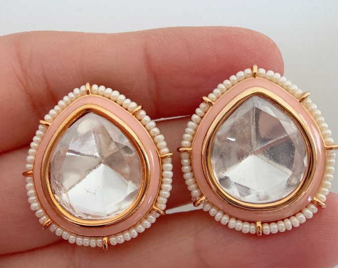 Kundan Stud Diamond Earrings /Indian Studs/Indian Jewelry/Peach Studs/Statement Stud Earring/Kundan Stud Earrings