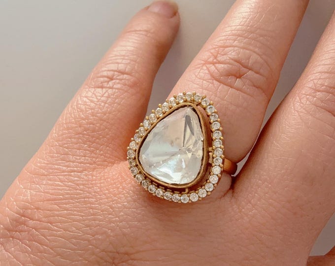 Bridal Kundan Moissanite  Ring/Adjustable Ring/Double Finger Kundan Statement Ring /Indian Wedding jewelry/Moissanite Kundan ring