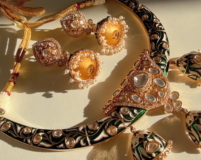 Meenakari Hasli Collar Necklace/Moissanite kundan green hasli Meenakari Haslsi with jhumka earrings/Diamond  Hasli / Rajwadi green Hasli
