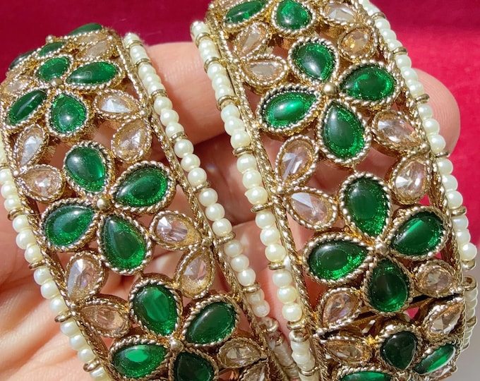 Openable Emerald Green Kundan Polki bridal Bangles kada pair/antique  Finished Kundan Polki wide  Kada/Indian Jewelry//green Kundan Kangan