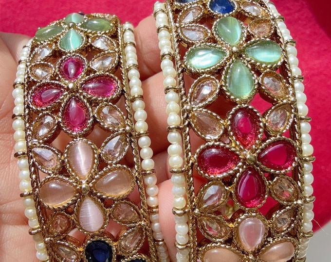 Openable Multi Navratan Kundan Polki bridal Bangles kada pair/antique Finished Kundan Polki wide Kada/Indian Jewelry/Multi Kundan Kangan