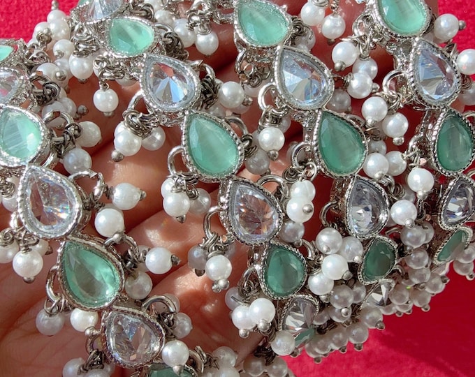 Silver Mint Kundan Bangles/Polki Kundan  Pearl Bangles Set(4 Pc) /Silver Mint  Kundan Bangles/Mint bangles/Indian Bangles