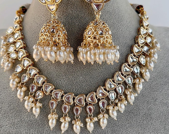 White Pearl Kundan Necklace Set with long jhumka and Tikka  /Kundan Choker/bridal necklace/Indian wedding jewelry/Bridal necklace set