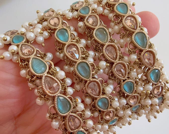 Turquoise  Kundan  Pearl Bangles 4 PC/Indian Bangles/ Indian jewelry/wedding jewelry/Aqua Kundan bangles/Polki Kundan  bangles