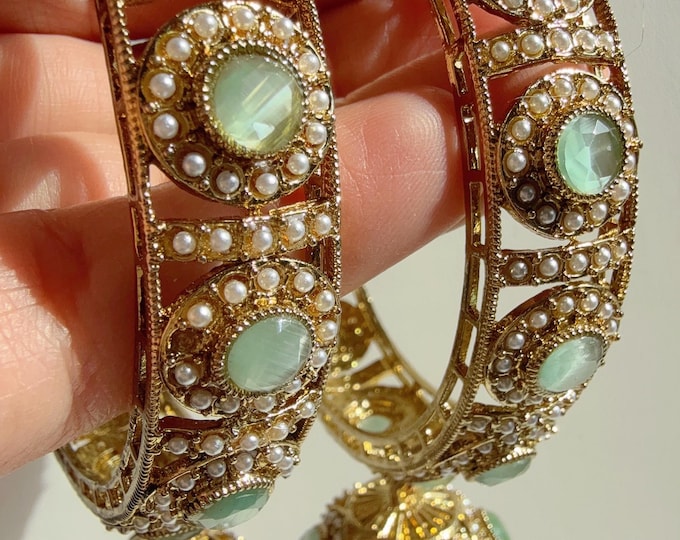 Antique polki kundan Mint  jhumka   kada pair /Mint kundan kada Bangle set/ Wedding Bangles/Mix n Match bangles/Indian jewelry