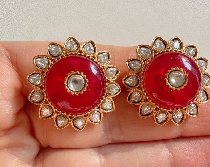 Doublet stone Ruby  stud  Earrings/Moissanite  diamond Kundan Studs /Indian Jewelry /Statement Stud Earring/Indian studs