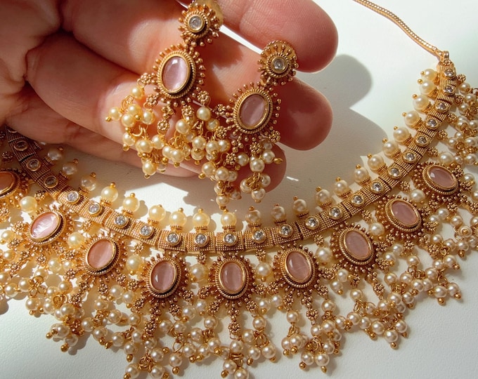 Gold Plated Baby pink Choker Necklace Set /South Indian jewelry/Indian Wedding jewelry/Gold Finish Baby pink stone necklace/ Choker Necklace