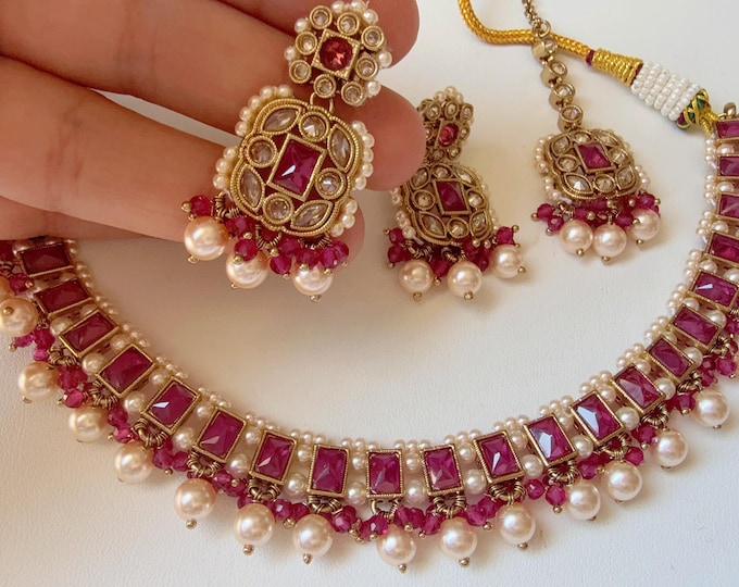 Antique  kundan  Polki Kundan Ruby  necklace  Set /bridal necklace/Indian wedding jewelry/Wedding necklace set with Earrings and Tikka set