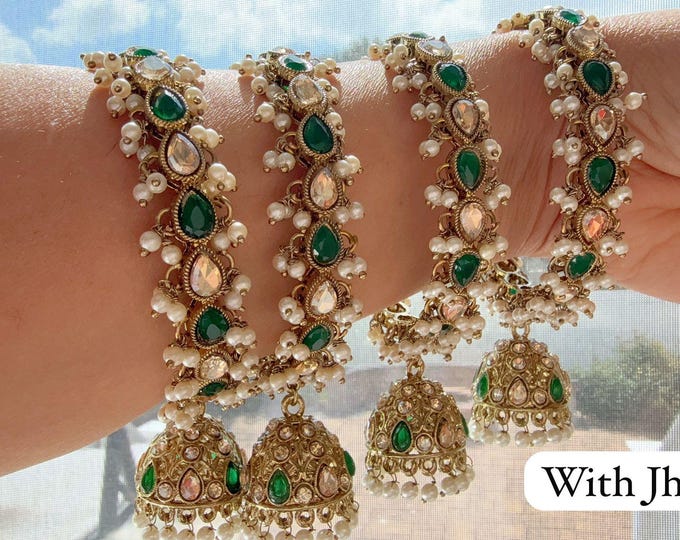 Bridal Green chooda Green Emerald  Kundan  Pearl Bangles 4 PC/Indian Bangles/ Indian jewelry/wedding jewelry/green Kundan bangles/