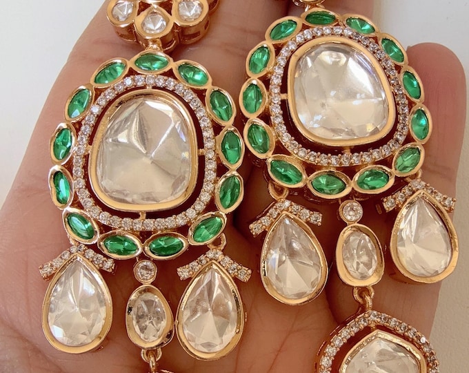 Moissanite green kundan  Earrings/Elegant Statement Jewelry/Emerald green Moissanite Polki Earrings/Bridal Diamond earrings