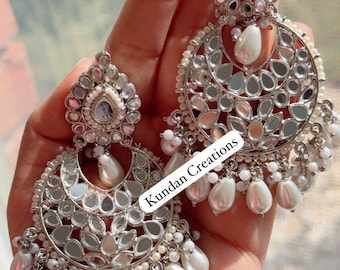Pendientes de plata con espejo chandbali/Pendientes Kundan/Pendientes de plata rodiada/Pendientes de novia/Pendientes de perla/Jhumka de plata con espejo