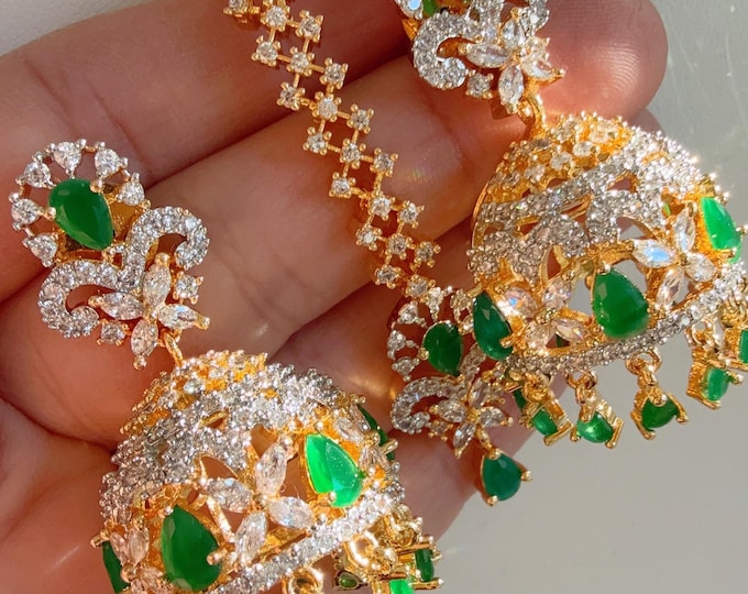 2 Tone Gold Emerald diamond CZ earrings green Mang tika set/ Diamond Ruby Maang tikka earring set / Baby Pink Indian jewelry/