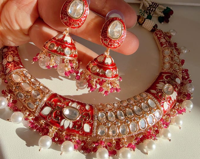Moissanite kundan Red Ruby hasli necklace set with jhumka earrings/Diamond  Hasli /Gold Plated Rajasthani Hasli in Red Meenakari