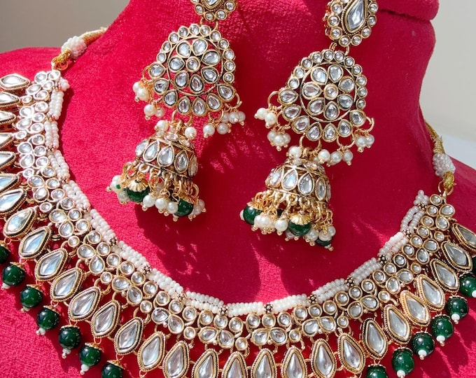 Green Kundan Necklace Set with long jhumka and Tikka  /Kundan Choker/bridal green necklace/Indian wedding jewelry/Green necklace set