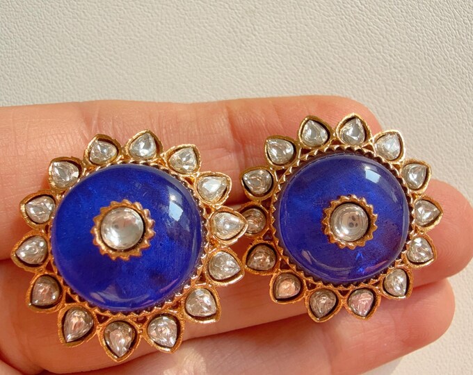 Blue  Doublet stud  Earrings/Moissanite  diamond Kundan Studs /Indian Jewelry /Statement Stud Earring/Indian studs