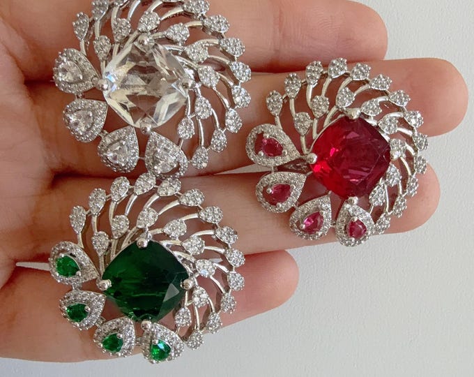 American Diamond Silver Ruby  Ring/Indian Ring/Pakistani Jewelry/Indian Wedding jewelry/Cubic Zirconia Adjustable Ring Plating